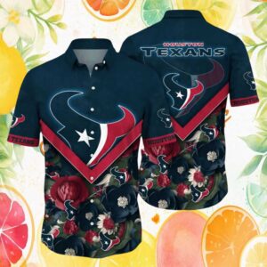 Houston Texans Navy & Red Floral V Pattern Hawaiian Shirt
