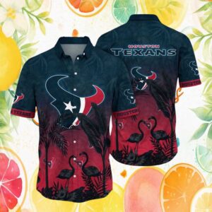 Houston Texans Neon Logo Flamingo Night Tropical Hawaiian Shirt
