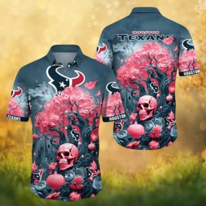 Houston Texans Pink Rose Skull and Pumpkin Gothic Floral Button Up Hawaiian Shirt Houston Texans Pink Rose Skull and Pumpkin Gothic Floral Button Up Hawaiian Shirt
