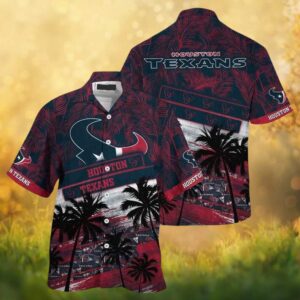 Houston Texans Sunset Palm Tree Red and Navy Hawaiian Shirt