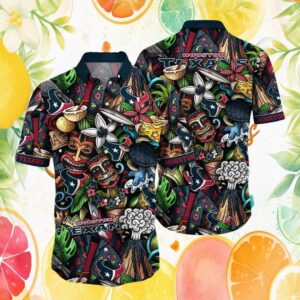 Houston Texans Tiki Style Volcano and Sea Turtle Hawaiian Shirt