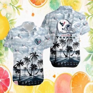 Houston Texans Tropical Palm Tree Beach Clouds Hawaiian Shirt