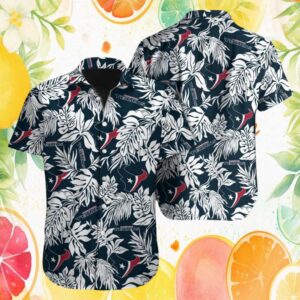 Houston Texans White Monstera Leaf Navy & Red Tropical Graphic Hawaiian Shirt