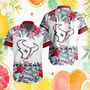 Houston Texans White and Red Hibiscus Flower Pattern Hawaiian Shirt