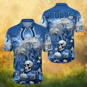 Indianapolis Colts Blue & White Skull Pumpkin Floral Artistic Button Up Hawaiian Shirt Indianapolis Colts Blue & White Skull Pumpkin Floral Artistic Button Up Hawaiian Shirt