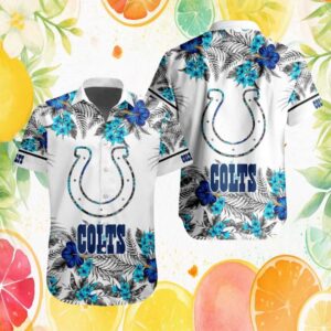 Indianapolis Colts Hibiscus Floral & Fern White Summer Hawaiian Shirt Indianapolis Colts Hibiscus Floral & Fern White Summer Hawaiian Shirt