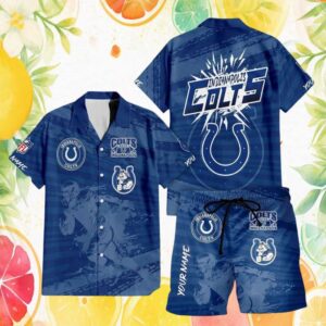 Indianapolis Colts NFL Custom Name Blue Grunge Player Graphic Hawaiian Shirt and Shorts Set