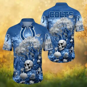 Indianapolis Colts Spooky Skull & Pumpkin Blue Gothic Hawaiian Shirt