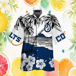 Indianapolis Colts White & Navy Hibiscus Palm Tree Hawaiian Shirt Indianapolis Colts White & Navy Hibiscus Palm Tree Hawaiian Shirt