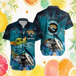 Jacksonville Jaguars Black & Teal Custom Name Grogu Baby Yoda Hawaiian Shirt Jacksonville Jaguars Black & Teal Custom Name Grogu Baby Yoda Hawaiian Shirt
