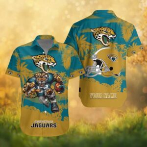 Jacksonville Jaguars Mascot Action Gold & Teal NFL Hawaiian Shirt
