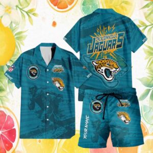 Jacksonville Jaguars NFL Custom Name Teal Grunge Player Hawaiian Shirt and Shorts Set