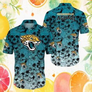 Jacksonville Jaguars NFL Teal Skull and Blossom Tropical Button Down Hawaiian Shirt Jacksonville Jaguars NFL Teal Skull and Blossom Tropical Button Down Hawaiian Shirt
