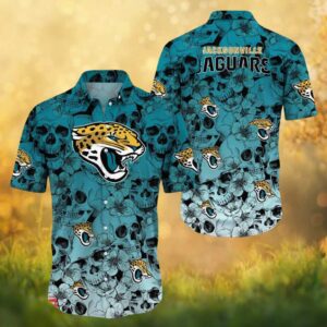 Jacksonville Jaguars NFL Teal Skull and Blossom Tropical Button Down Hawaiian Shirt