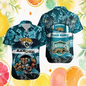 Jacksonville Jaguars Personalized Name Teal Hibiscus NFL Hawaiian Shirt Jacksonville Jaguars Personalized Name Teal Hibiscus NFL Hawaiian Shirt