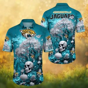 Jacksonville Jaguars Teal Skull and Floral Pumpkin Gothic Button Up Hawaiian Shirt Jacksonville Jaguars Teal Skull and Floral Pumpkin Gothic Button Up Hawaiian Shirt