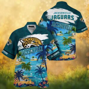 Jacksonville Jaguars Teal Tropical Beach Scene NFL Hawaiian Shirt