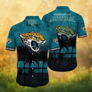 Jacksonville Jaguars Vintage Teal Sunset Palm Trees Silhouette NFL Hawaiian Shirt
