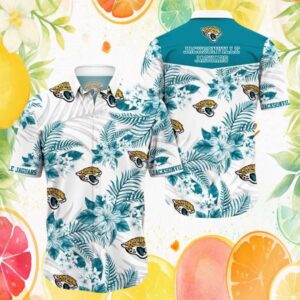 Jacksonville Jaguars White Hibiscus Floral Print NFL Summer Button Up Hawaiian Shirt Jacksonville Jaguars White Hibiscus Floral Print NFL Summer Button Up Hawaiian Shirt