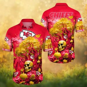 Kansas City Chiefs Red & Gold Halloween Skull Floral Pumpkin Button Up Hawaiian Shirt Kansas City Chiefs Red & Gold Halloween Skull Floral Pumpkin Button Up Hawaiian Shirt