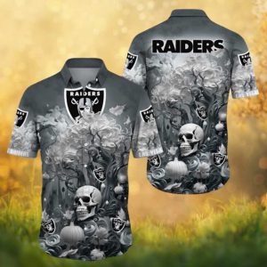 Las Vegas Raiders Gothic Skull and Pumpkin Halloween Floral Grey Hawaiian Shirt Las Vegas Raiders Gothic Skull and Pumpkin Halloween Floral Grey Hawaiian Shirt