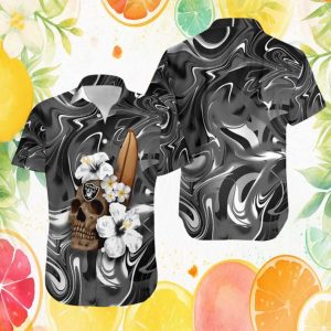 Las Vegas Raiders Marble Smoke Liquid Design Skull & Hibiscus Hawaiian Shirt Las Vegas Raiders Marble Smoke Liquid Design Skull & Hibiscus Hawaiian Shirt