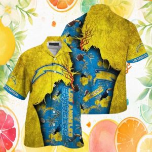 Los Angeles Chargers Tropical Toucan & Palm Leaf Yellow Shredded Design Hawaiian Shirt Los Angeles Chargers Tropical Toucan & Palm Leaf Yellow Shredded Design Hawaiian Shirt