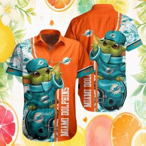 Miami Dolphins Baby Yoda Grogu Helmet Orange Hawaiian Shirt Miami Dolphins Baby Yoda Grogu Helmet Orange Hawaiian Shirt