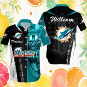 Miami Dolphins Custom Name Split Graphic Player Helmet Hawaiian Shirt Miami Dolphins Custom Name Split Graphic Player Helmet Hawaiian Shirt