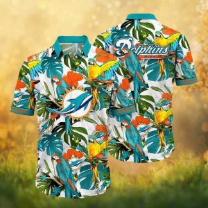 Miami Dolphins Exotic Parrot and Monstera Leaf White Hawaiian Shirt