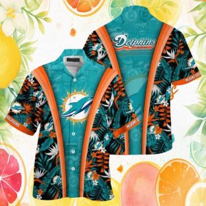 Miami Dolphins Hibiscus Floral V Stripe Tropical Hawaiian Shirt Miami Dolphins Hibiscus Floral V Stripe Tropical Hawaiian Shirt