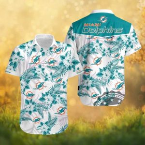 Miami Dolphins Hibiscus Floral White & Teal Summer Hawaiian Shirt