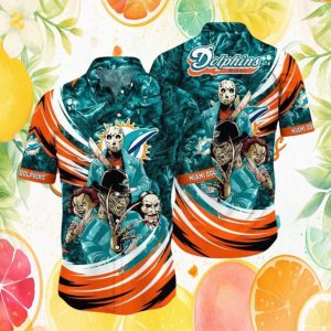 Miami Dolphins Horror Villains Mashup Halloween Hawaiian Shirt Miami Dolphins Horror Villains Mashup Halloween Hawaiian Shirt