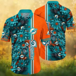 Miami Dolphins Orange & Teal Floral Stripe Hawaiian Shirt NFL Beach Apparel