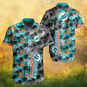 Miami Dolphins Palm Tree Sunset Gradient Teal Hawaiian Shirt