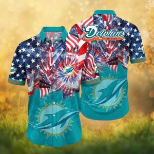 Miami Dolphins Patriotic American Flag Fireworks Teal Hawaiian Shirt