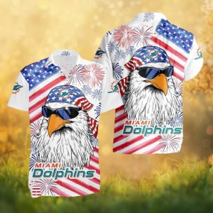 Miami Dolphins Patriotic Eagle American Flag Fireworks Hawaiian Shirt