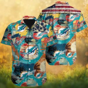 Miami Dolphins Personalized Retro Surfboard & Sunset Collage Hawaiian Shirt