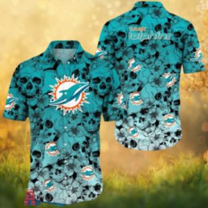 Miami Dolphins Skull & Floral Pattern Hawaiian Shirt Aqua Teal