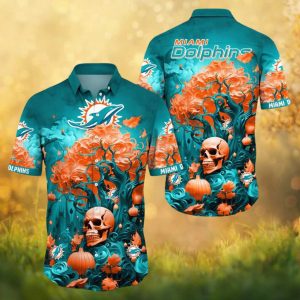 Miami Dolphins Spooky Skull & Orange Blossom Gothic Hawaiian Shirt