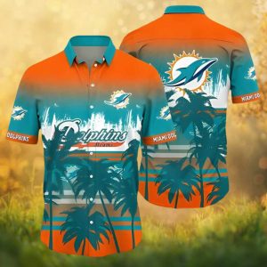Miami Dolphins Sunset Palm Silhouette Retro Orange & Teal Hawaiian Shirt