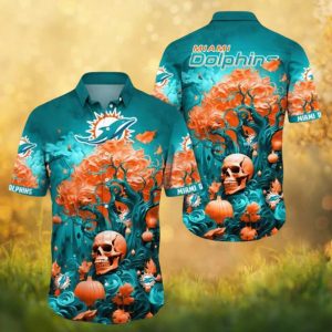 Miami Dolphins Teal and Orange Gothic Skull Halloween Floral Hawaiian Shirt Miami Dolphins Teal and Orange Gothic Skull Halloween Floral Hawaiian Shirt