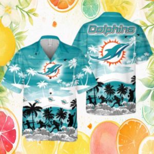 Miami Dolphins Tropical Beach Hawaiian Shirt Palm Tree & Player Silhouettes Miami Dolphins Tropical Beach Hawaiian Shirt Palm Tree & Player Silhouettes