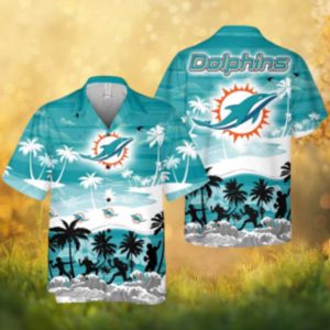 Miami Dolphins Tropical Beach Hawaiian Shirt Palm Tree & Player Silhouettes