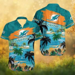 Miami Dolphins Tropical Beach Island Scenery Teal Hawaiian Shirt