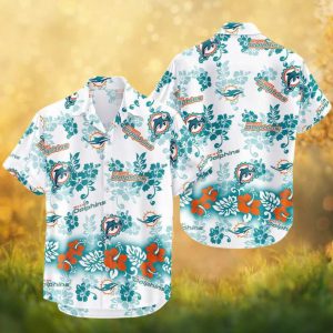 Miami Dolphins Tropical Hibiscus Floral White Aqua Hawaiian Shirt