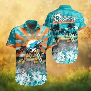 Miami Dolphins Tropical Summer Beach Scene Palm Trees and Surfboard Hawaiian Shirt Miami Dolphins Tropical Summer Beach Scene Palm Trees and Surfboard Hawaiian Shirt