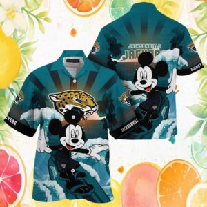 Mickey Mouse Surfing Jacksonville Jaguars Tropical Sunset Hawaiian Shirt Mickey Mouse Surfing Jacksonville Jaguars Tropical Sunset Hawaiian Shirt