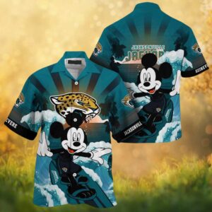 Mickey Mouse Surfing Jacksonville Jaguars Tropical Sunset Hawaiian Shirt