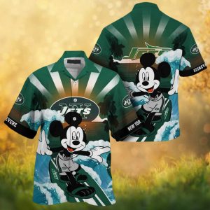 Mickey Mouse Surfing New York Jets Sunset Ocean Hawaiian Shirt